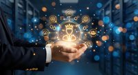 Businessman holding glowing crown icon with network connections representing leadership, success and digital transformation in corporate environment.
