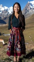 Young Latin American woman in traditional floral skirt and dark blouse standing in mountain landscape with snow-capped peaks in background, radiating joy and confidence.