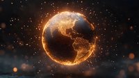 Glowing golden Earth globe with illuminated continent outlines floating in dark space with particles and bokeh effects. Digital world visualization.
