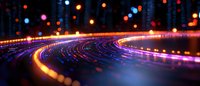 Curved lines of glowing neon lights creating futuristic paths against dark background with colorful bokeh effects, abstract technology concept for digital networks.