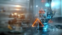 Futuristic industrial background with glowing orange and blue triangle symbols overlaying manufacturing facility, creating modern technological atmosphere.