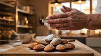 Hands dusting powdered sugar over freshly baked madeleines on a wooden board in a rustic bakery kitchen.