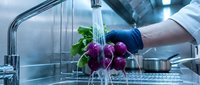 Scientist in blue gloves holding fresh purple radishes under running water in laboratory sink, food safety testing and organic produce quality control.