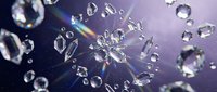 Sparkling crystal diamonds floating in purple space with rainbow light reflections and prismatic effects for luxury jewelry design concepts.