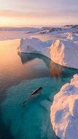 Narwhal swimming beneath Arctic ice formations during golden hour sunrise, with snow-covered landscape and turquoise waters creating a serene polar wildlife scene.