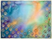 Watercolor gradient background with colorful paw prints in gold and metallic tones, transitioning from blue and purple to green and orange. Suitable for pet-related designs, animal lovers' projects, and greeting cards.