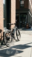 Black hybrid bicycle parked on urban sidewalk outside brick storefront with green awning, casting shadow in sunlight. Suitable for cycling, commute, and city lifestyle content.