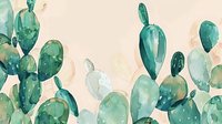 Watercolor cactus pattern with green prickly pear plants on soft pink background for botanical home decor and textile design projects.