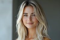 Young Caucasian woman with natural blonde wavy hair and freckles smiling warmly at camera. Soft natural lighting creates gentle shadows highlighting genuine expression.