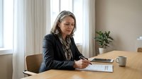 Middle-aged Caucasian businesswoman in dark suit writing documents at wooden desk in modern office with natural light from window and plant decor.