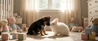 Two puppies, one black and tan and one white, play together on a nursery floor surrounded by toys and stuffed animals in warm natural light.