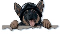Playful German Shepherd puppy peeking over edge with tongue out and wearing black cap, cartoon style illustration on isolated background for sticker or decal design.