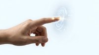 Male hand pointing at glowing digital interface with circular holographic display on white background for technology and innovation concepts.