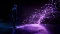 Man silhouette standing before swirling purple particle stream in dark space. Digital transformation concept for technology presentations and futuristic designs.