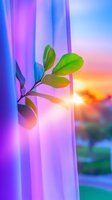 Green leaves on branch against purple curtain with sunset view through window, creating dreamy atmosphere with soft light and vibrant colors.