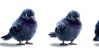 Chubby round pigeon character with fluffy feathers and big expressive eyes in blue-purple tones, isolated on white background for creative design projects.