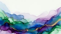 Abstract watercolor landscape with flowing purple, blue and green ink creating organic mountain-like forms with golden accents on textured paper background.