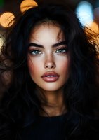 Close up portrait of young mixed race woman with long dark hair, freckles and blue eyes against blurred bokeh lights background at dusk.