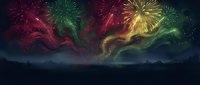 Spectacular fireworks display with colorful bursts illuminating night sky over mountain silhouettes creating festive celebration atmosphere for holidays.