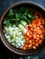 Fresh diced carrots and celery with green herbs in rustic wooden bowl on dark background, overhead view of raw vegetables ready for cooking soup.