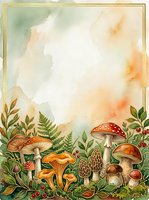 Watercolor forest floor scene with various mushrooms, ferns, and foliage arranged along bottom border with soft yellow, green, and orange washes creating dreamy background space for text or design overlay.