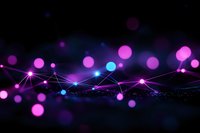 Abstract network visualization with glowing pink and blue dots connected by luminous lines against dark background, creating futuristic technology concept.