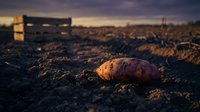 Fresh organic potato lying on rich dark soil in agricultural field during golden hour sunset with farming equipment in background.