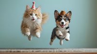 Orange tabby cat and tricolor corgi puppy jumping together wearing festive party hats against mint green background for celebration and pet birthday concepts.