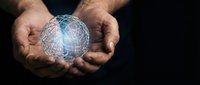 Mature male hands holding glowing digital globe with network connections, representing global business, technology innovation, and worldwide connectivity for corporate communications.