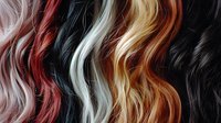 Wavy multicolored hair strands in pink, red, platinum blonde, golden blonde and black colors flowing vertically against dark background, showing different hair dye options.