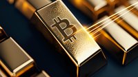 Golden bullion bar with cryptocurrency symbol among traditional gold bars in dramatic lighting, representing digital and traditional wealth investment concept.