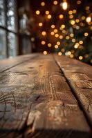 Rustic wooden table surface with blurred golden bokeh lights in background creating warm holiday atmosphere, selective focus on textured wood planks.