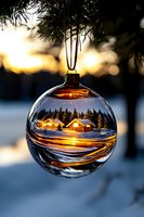 Glass Christmas ornament reflecting winter landscape with illuminated cabins and pine forest at sunset, hanging from evergreen branch against snowy bokeh background.