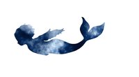Watercolor mermaid silhouette in deep blue tones with starry texture isolated on white background for fantasy designs and nautical themed projects.