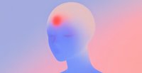 Minimalist profile silhouette with glowing red spot on head against gradient pink and purple background representing migraine, headache and pain sensation.