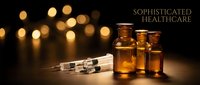 Medical vials and syringe on dark surface with warm bokeh lights creating sophisticated healthcare atmosphere for pharmaceutical presentations.