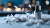 Cosmetic dropper bottle with white feathers on fluffy surface against blurred bokeh lights background. Luxury skincare and beauty product photography.