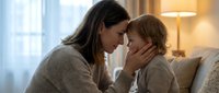 Young Caucasian mother and toddler son sharing tender moment touching foreheads in cozy living room with warm lamp light creating intimate family bonding scene.