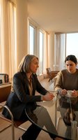 Professional mature woman mentor coaching young female colleague in modern office meeting room with natural lighting and contemporary furniture.