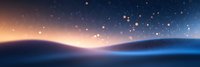 Ethereal panoramic landscape with glowing particles floating over rolling hills at dusk, featuring deep blue and warm orange gradient sky filled with stars.