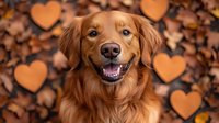 Smiling golden retriever dog portrait with heart bokeh background in warm autumn colors. Close up of friendly pet face with happy expression.