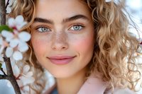 Young woman with freckles and curly blonde hair smiling near blooming spring cherry tree branch, wearing pink. Natural beauty portrait with soft bokeh background.