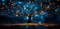Magical glowing tree with blue and golden lights against dark background, creating ethereal atmosphere with sparkles and reflections on ground surface.