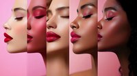 Diverse women with red lipstick and pink eyeshadow makeup on pink background showing different skin tones and beauty looks in profile view collage composition.