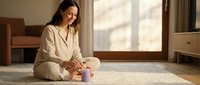 Young woman in beige pajamas sitting cross-legged on carpet holding purple mug, enjoying peaceful morning moment in cozy bedroom with warm sunlight.