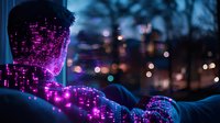 Silhouette of person illuminated by glowing purple digital particles against night city backdrop, representing artificial intelligence and digital transformation.