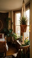 Succulent plant in terracotta pot suspended in macramé hanger near bright window, surrounded by greenery in warm, sunlit room for home decor and interior design projects.