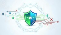 Digital cybersecurity shield with network connections and data protection symbols on light background for technology and security concepts.