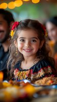 Young Hispanic girl with curly hair wearing traditional festive dress with floral accessories smiles warmly at celebration dinner with bokeh lights in background.