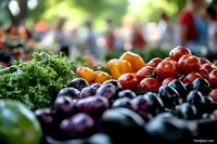 Fresh organic produce at farmers market with vibrant eggplants, ripe tomatoes and leafy kale in foreground, blurred crowd shopping in background.